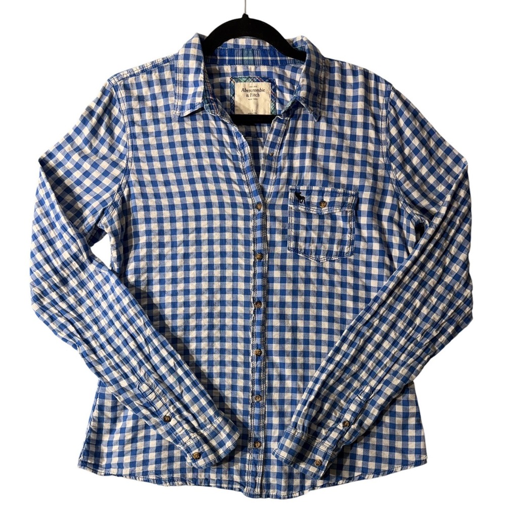 Abercrombie & Fitch Shirt Women L Blue Gingham Plaid Long Sleeve Button Down Y2K